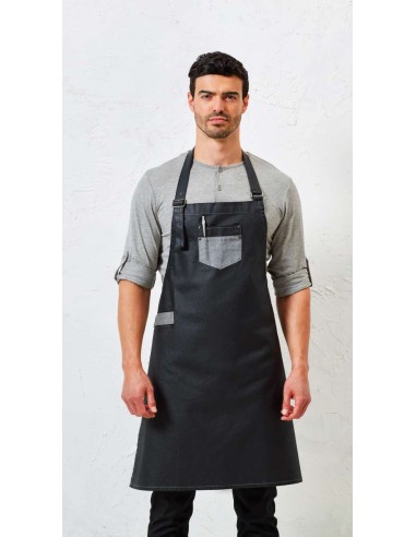 P-PR136-Division Waxed Look Denim Bib Apron With Faux Leather
